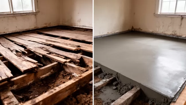 Wymiana podłogi drewnianej na betonową